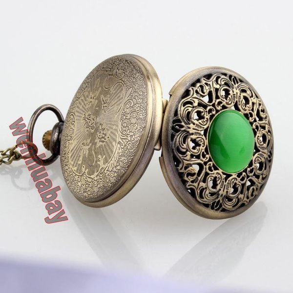 

бронзовая полая имитация джейд каменное ожерелье подвески украшенные карманные часы изумрудные украшения представления chian men женщины под, Slivery;golden