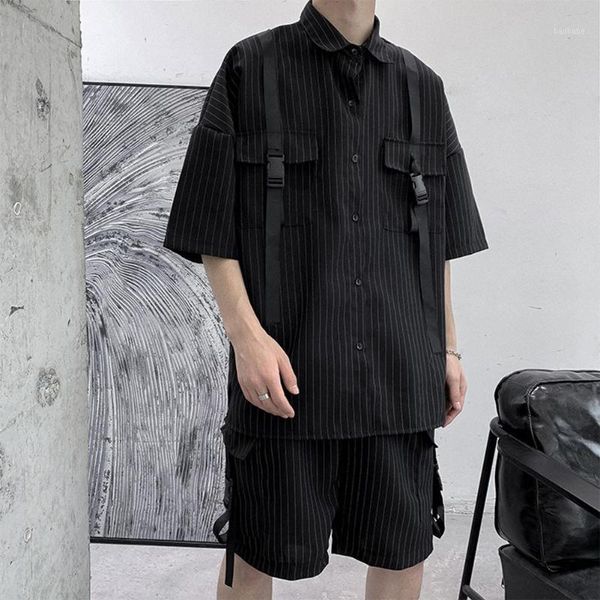 

men summer casual stripe short sleeve shirt loose straight shorts pants suit1, Gray