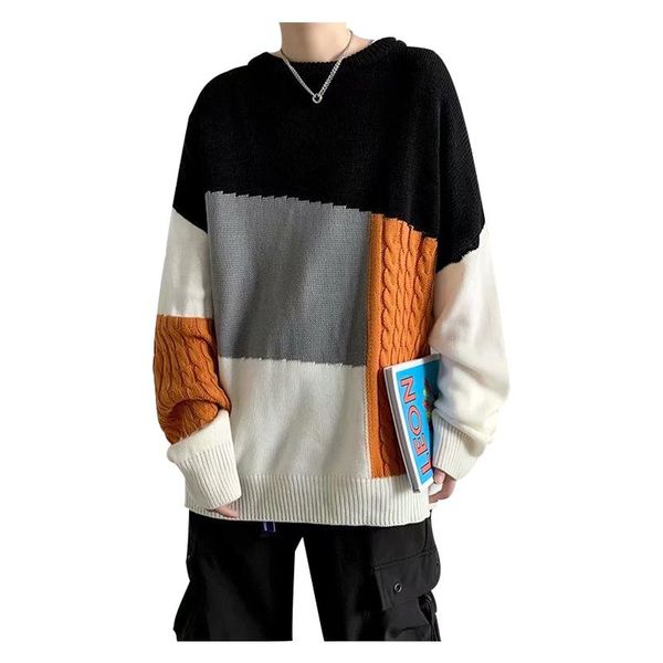 

men's o-neck cotton pullover sweater autumn winter warm patchwork de yq clothing knitted casual male oversized pull, White;black