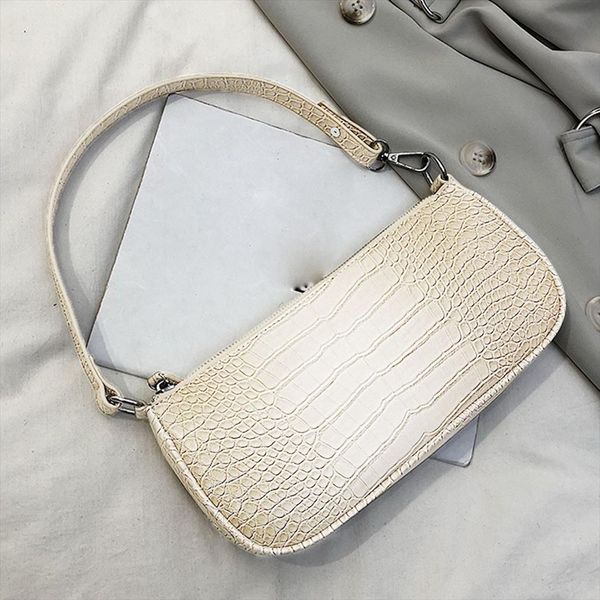 

H30 2020 Spring Summer Woman White Single Strap Handbags PU Leather Zipper Shoulder Bag Crocodile Pattern Female Handbag