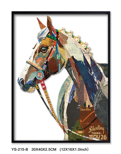 

hand collaged, with 3d visual effect.wall art decor painting horse collage art with black skinny ps frame glassless