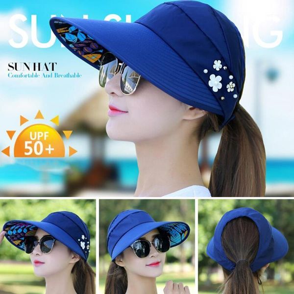 

summer women anti-uv foldable sun visor cap wide brim protect face breathable outdoor hat multi-color optional bone cap1, Blue;gray