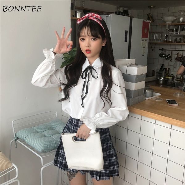 

shirts women school students lovely lantern sleeve womens shirt turn-down collar korean style simple leisure females chic t200321, White