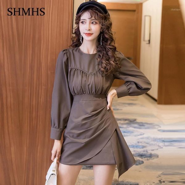 

women mini office dress 2021 spring plain color asymmetric dress simple puff sleeve high waist folds elegant party1, Black;gray