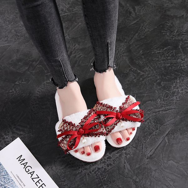 

women spring fashion slippers womens solid color non-slip bow warm indoor home flip flop soft casual plush slipper shoes, Black
