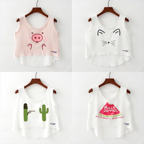 

new fashion women crop sleeveless cat panda print summer casual women short cropped vest tank, White