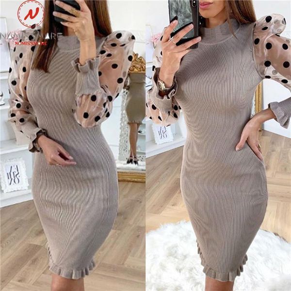 

women spring autumn mini dress patchwork design ruffles decor see through stand collar lantern sleeve spot print slim hips dress1, Black;gray
