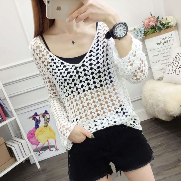

hong kong style knit women's loose korean off shoulder short thin mh hollow v-neck blouse, White