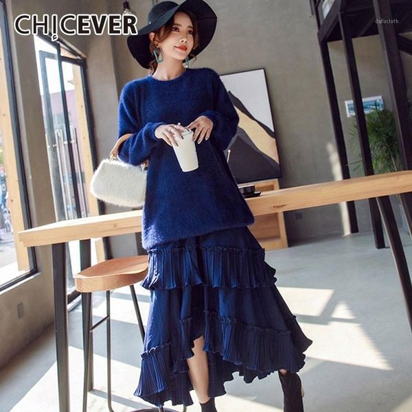 

chciever autumn winter women's suit o neck long sleeve backless knitted sweater suspender sleeveless asymmetric hem dress female1, White