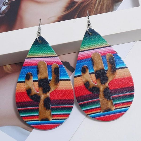 

ins wood printed cactus rainbow stripes teardrop geometric piercing earrings africa wooden diy party jewelry1, Silver