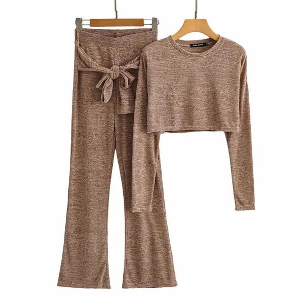 

2020 autumn and winter new women's loose solid color long sleeved suit cotton fashion crop casual lace up wide leg pants spo, Gray