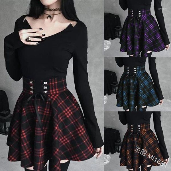 

2020 college style skater clothes summer new plaid irregular skirt ribbon waist big skirt plaid multicolor fresh and sweet1, Black