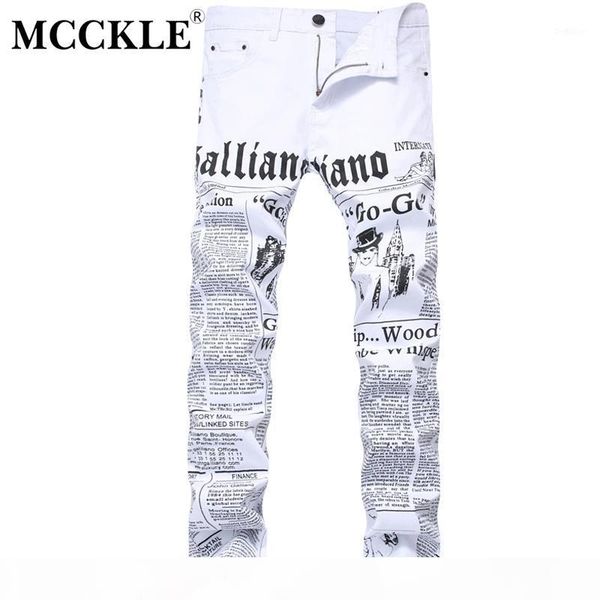 

mcckle 2017 autumn men denim trousers white printing newspaper casual pants mens painted skinny jeans for man size 28-421, Blue