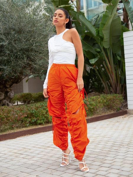 

ruched drawstring knot cut-out pants r8eo#, Black;white