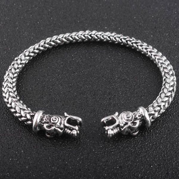 

link, chain gothic viking norse dragon bracelet handmade opening vikings of midgard bangles two-headed wolf for men accessories, Black