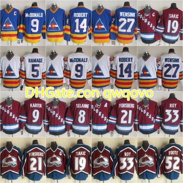 

1981 vintage colorado 27 john wensink 5 rob ramage 14 rene robert 9 lanny mcdonald 1 glenn chico resch hockey jerseys blue white stitched, Black;red