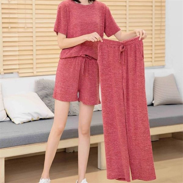 Случайные пижамы набор женщин мягкие хлопчатобумажные мамы сексуальные пижамы длинные брюки шорты футболки холостых тренировку / комплект больших размеров домашнее сналичие Y200708