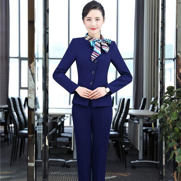 

women's two piece pants women work wear suits for stewardess bank clerk autumn winter uniform styles 2 jackets sets ladies business bla, White