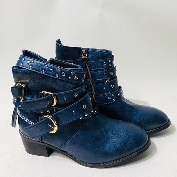 

women belt metal rivet ankle boots female zip buckle short boots autumn women's shoe woman vintage high heel ladies plus size 431, Black