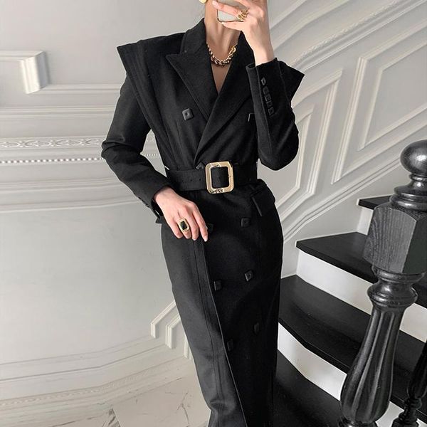 

zcsmll korean windbreaker autumn winter suit collar double breasted design straight over the knee long woolen coat women 2020, Black