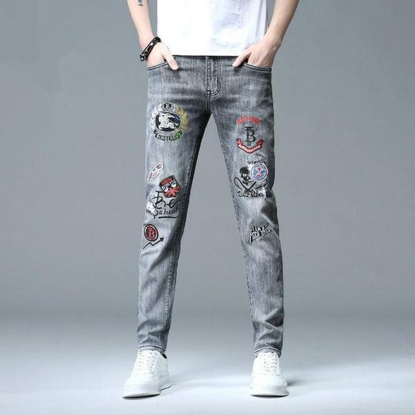 

мужские пробежки мужские джинсы мужские тонкие джинсы брюки blue biker print разорванный высококачественный дизайнер джинсы поклонников