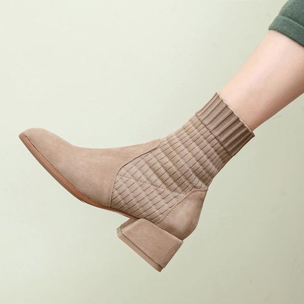 

womens boots knitting female ankle boots autumn winter fashion shoes woman round toe retro ladies shoes, Black