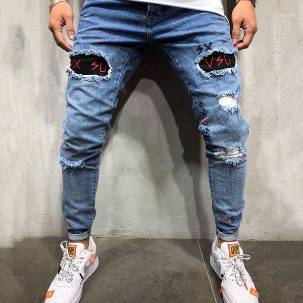 

men's jeans men's fashion designer distressed ripped design slim printed stitching men cotton, Blue