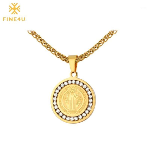 

fine4u n066 san benito holy pendant necklace for men women 316l stainless steel chain necklaces cubic zirconia religious jewelry1, Silver
