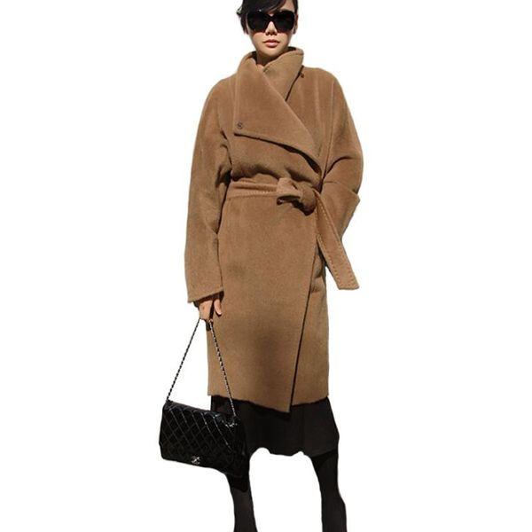 

women khaki trench coats woolen oversize long overcoat female brown belt overcoat robe style outerwear casacos femininos s, Black