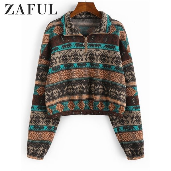 

zaful women ethnic elephant geo print drop shoulder quarter zip hoodie hoodie tribal printing winter sweatshirts female pullover t200407, Black