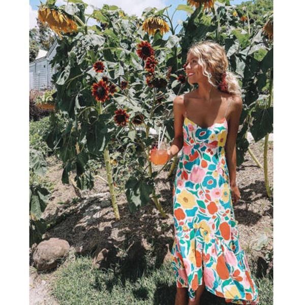 

new 2021 women summer bohemian v neck chiffon floral trumpet prairie chic long maxidress dress sundress drop shipping, Black;gray