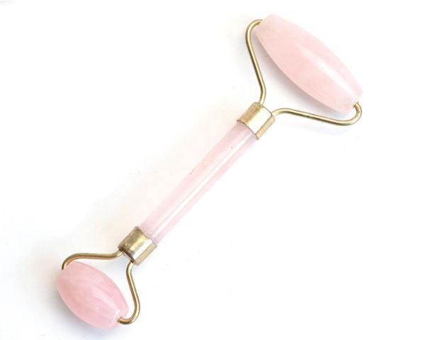 

natural tumbled chakra rose quartz carved reiki crystal healing gua sha beauty roller facial massor stick with alloy gold-plated dhf3027