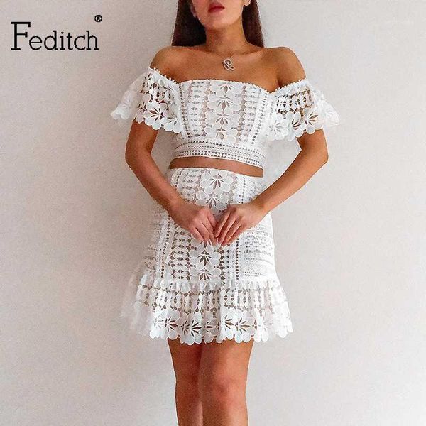 

feditch summer ruffle hemline lace two piece set crop and skirt matching set club party white 2 piece women1
