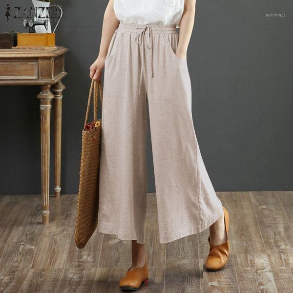 

women's pants & capris zanzea stylish wide leg women's casual trousers elastic wasit long pantalon palazzo female solid turnip plu, Black;white