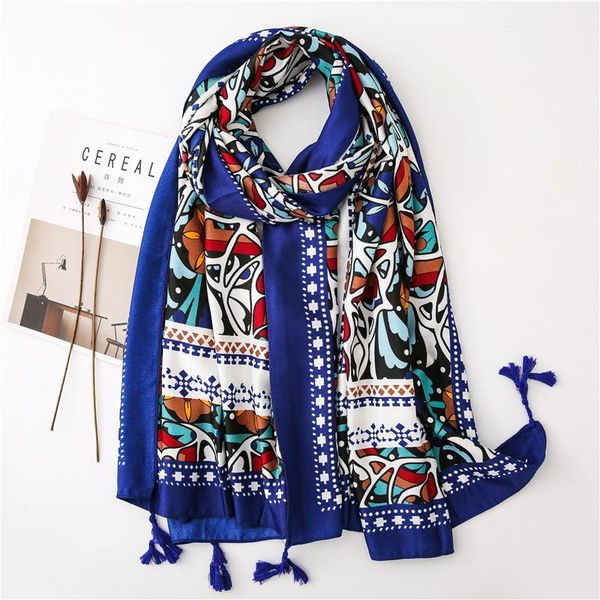 

2021 cotton vintage flower print tassel scarves shawls wrap women soft floral scarf hijab beach headband ing, Blue;gray