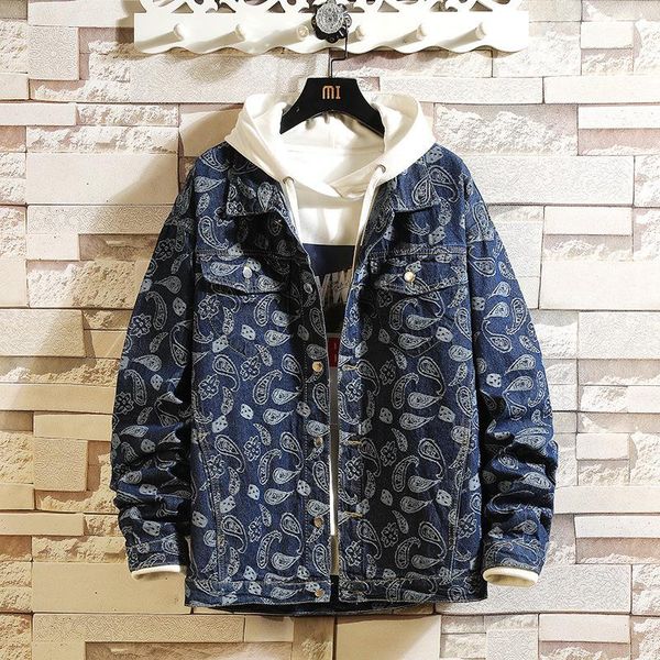 

spring men's denim jacket printed decor fashion personality lapel single breasted loose casual male quality coat, Black;brown