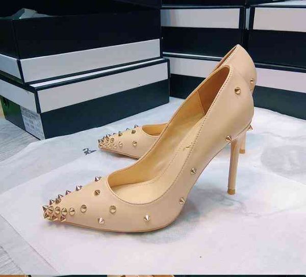 

toe rivet pointed high heels single shoes spring and summer leather mid-stiletto shallow mid-heel women's size:eu34-41, Black