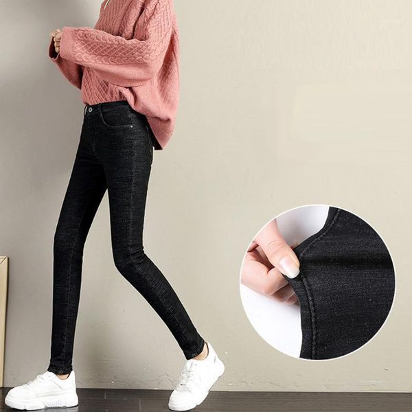 

fashion women plus size plus velvet elastic high waist casual skinny ripped jeans for women pencil pants vaqueros de mujer#y21, Blue