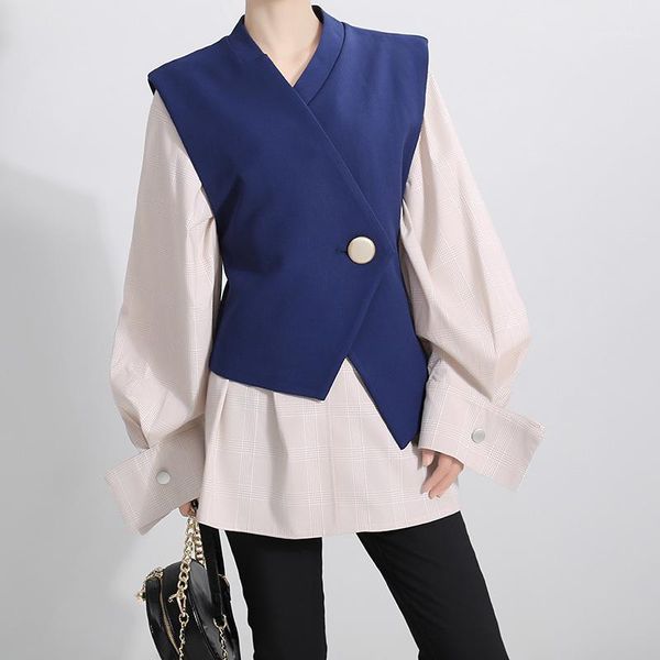 

women plaid pleated vest two pieces blouse new v-neck long sleeve loose fit shirt fashion tide spring autumn 20201, White