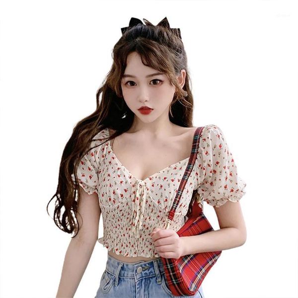 

women summer stylish wrinkled puff sleeve floral v neck waist tight crop summer holiday flroal print elegant women1, White