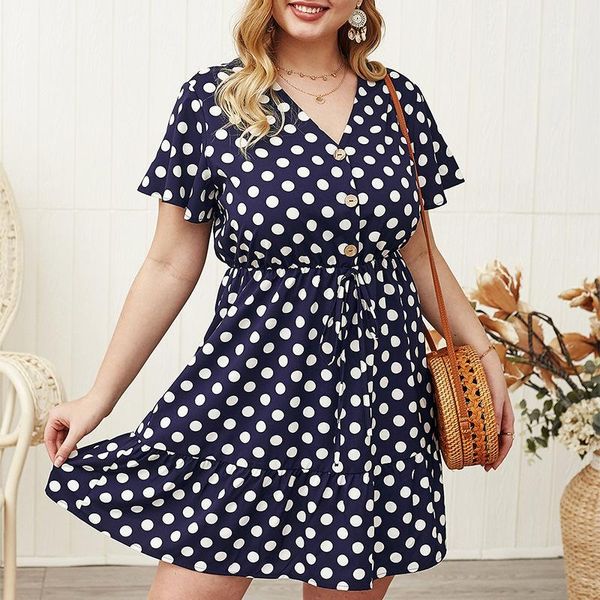 

party dresses fashionable women's dot print dress short sleeve v-neck belt ruffled knee button cotton office lady casual clothing 4xl1, White;black