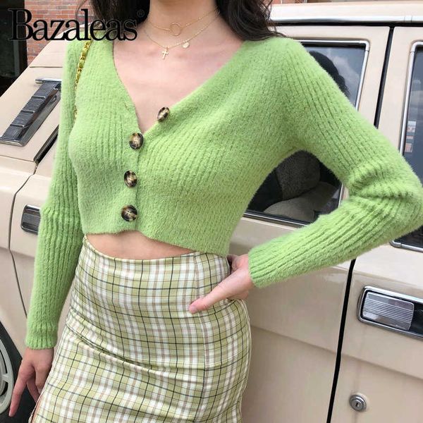 

bazaleas fashion v neck pull femme sweaters slim long sleeve cropped women sweater vintage knitted cardigan dropshipping t200820, White;black
