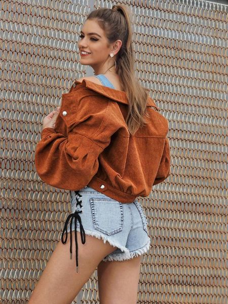 

women's jackets wenqing women'scasual fashionable cropped loose button down corduroy long sleeve outerwear, Black;brown