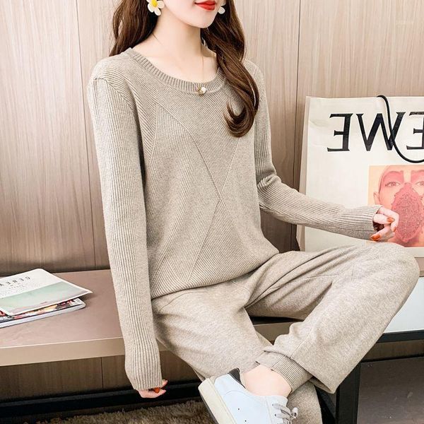

autumn winter women 2 piece set and pants o-neck loose solid sweater+high waist suit trousers casual knitted outfits z441, Gray