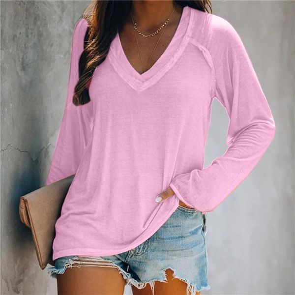 

women's t-shirt 4 colors women autumn t shirt casual v-neck long sleeved t-shirts ladies solid color loose fashion pullover high quali, White