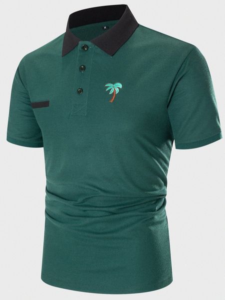 

men palm tree embroidery contrast collar polo shirt h34a#, White;black