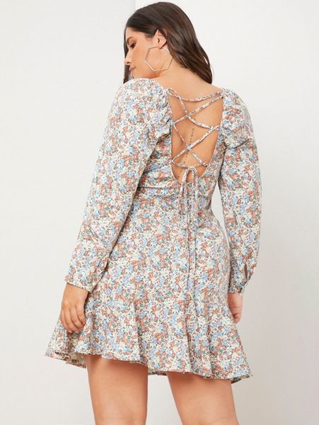 

plus ditsy floral lace up back ruffle hem dress 83cw#, Black