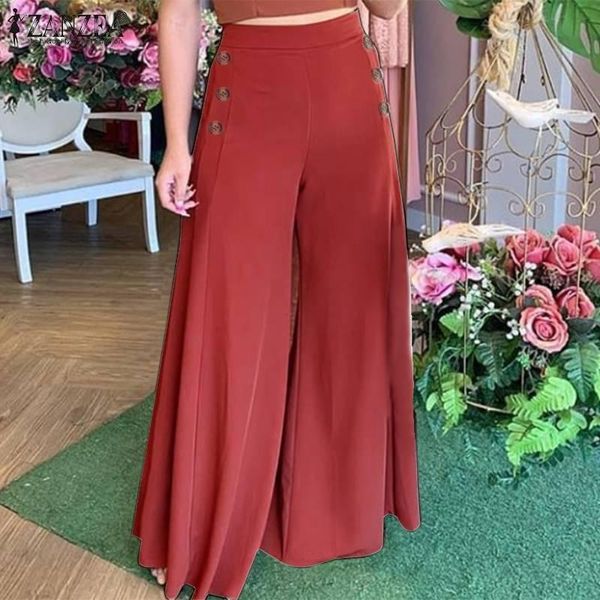 

women's vintage elastic waist trousers female solid button bottomsfashion autumn pants zanzea casual wide leg pants plus size, Black;white
