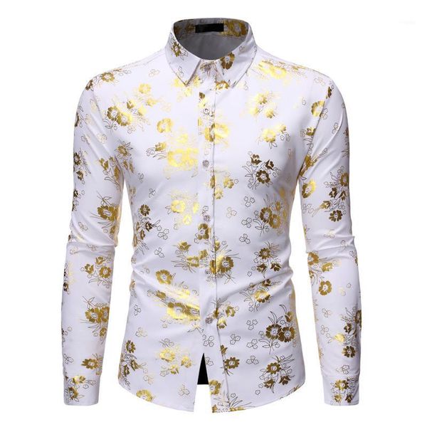 Fantasia masculina florida ouro impressão vestido camisa masculina 2020 novo design de luxo fino ajuste camisas smoking para clube festa disco1295p