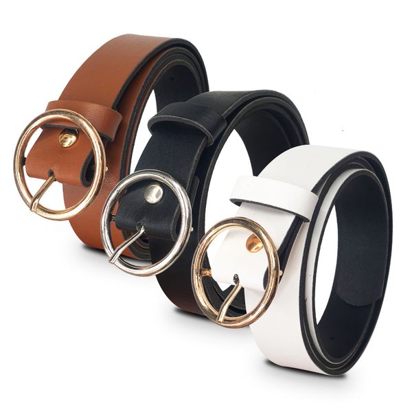 

fashion women belt solid round shape buckle waist belt casual leather belts for men women strap brand classic belt, Black;brown